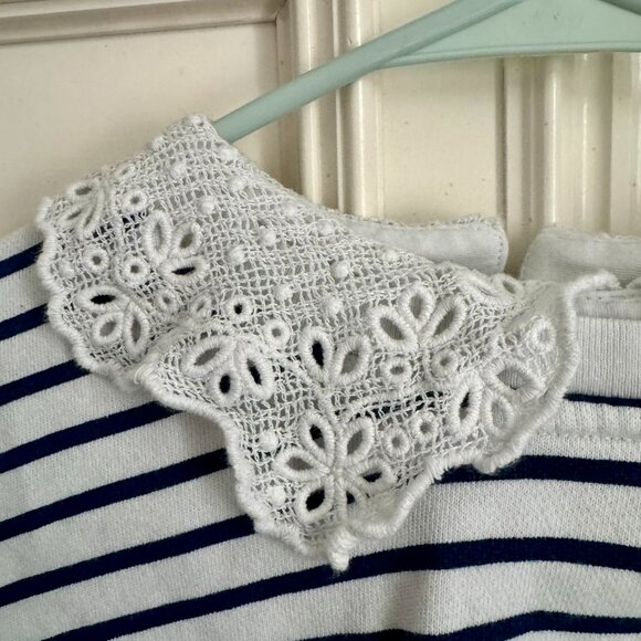 J Crew white striped sweater w/eyelet lace collar & sleeves, women's size large - Picture 6 of 7